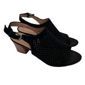 Franco Sarto Black Suede Perforated Peep Toe Slingback Heels Sz 10